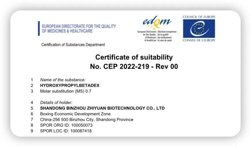 熱烈祝賀智源生物羥丙基倍他環(huán)糊精獲歐盟CEP證書(shū)